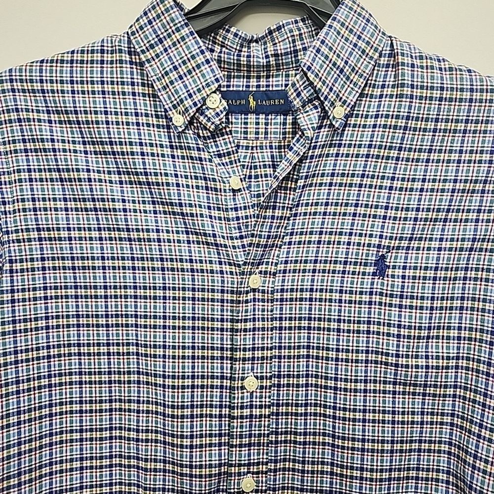 POLO RALPH‎ LAUREN Button Down Classic Fit Cotton Stretch Multi Blue Plaid Sz M